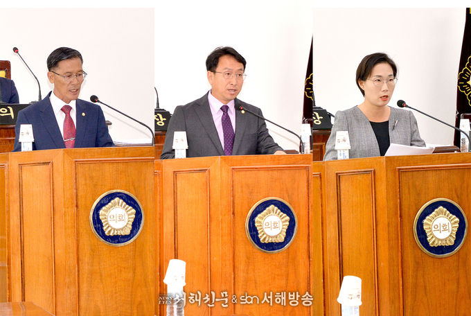 군정 질의하는 강신두 의원(사진 왼쪽), 이현호 의원(사진 가운데), 김아진 의원.