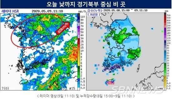 기상청 레이더 영상(좌), 누적강수량(우)