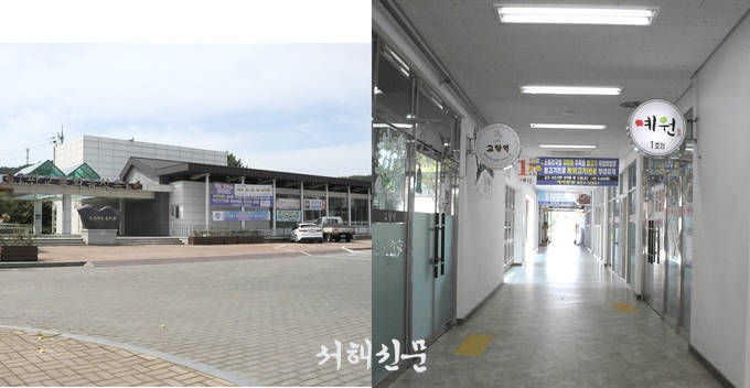 지난 4일 판교특화음식촌 외부와 내부 모습, 점심시간임에도 이곳을 방문한 손님들을 찾아보기 힘들다