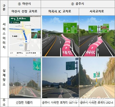 노면 색깔 유도선 T MAP 서비스 반영 내용(예시 2곳)